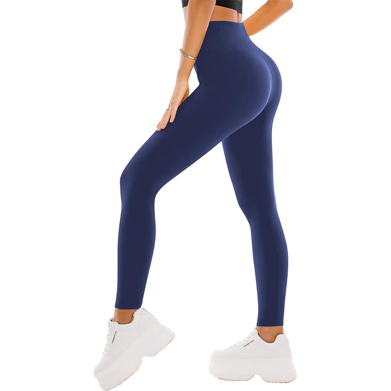 Women's high waist leggings in navy blue, suitable for yoga and exercise, made from soft polyester fiber.