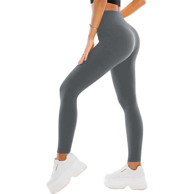 High waist leggings in gray, ideal for yoga and exercise, soft polyester fabric.