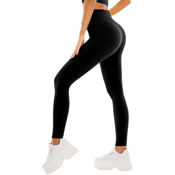 Black high waist leggings for yoga and exercise, made from polyester fiber, suitable for women.