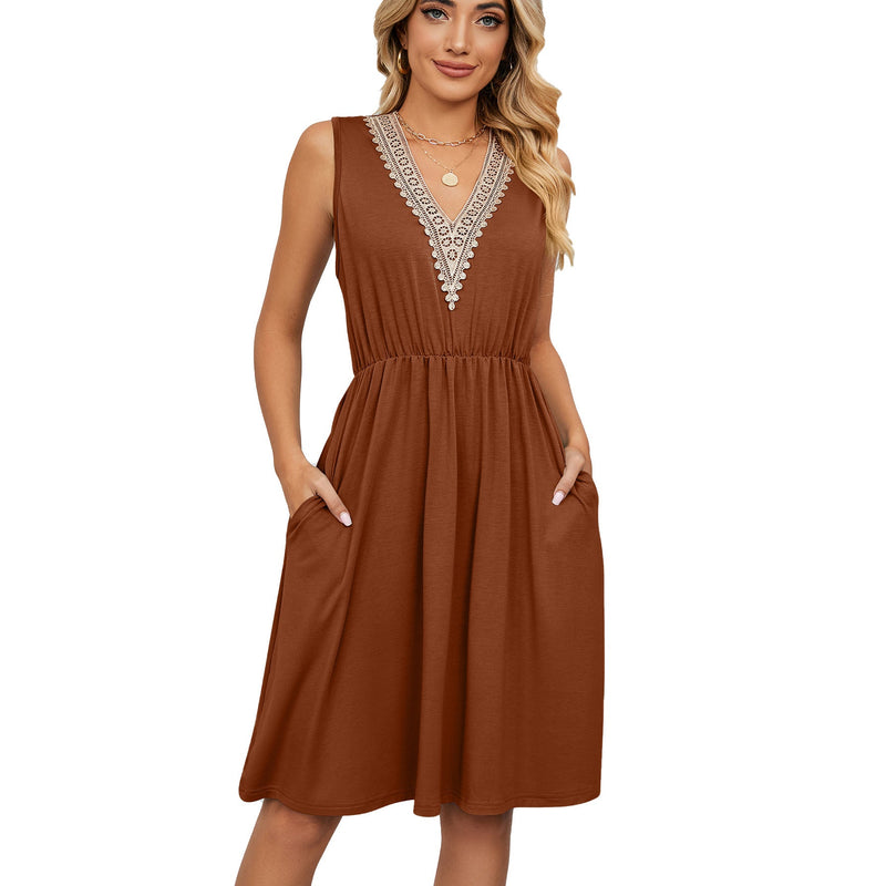 Sleeveless V-neck dress with lace accents and pockets, featuring an A-line skirt and elastic waist for elegance and comfort.