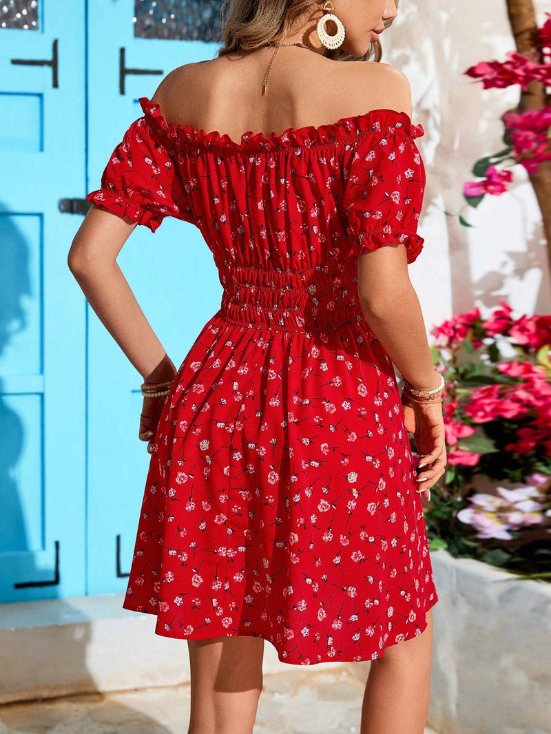 AMARA off-shoulder red dress with floral pattern, highlighting bold feminine style.