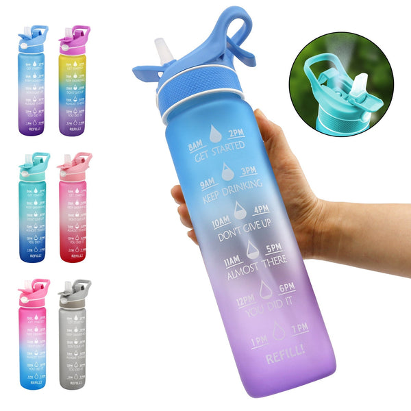 Bouteille d'eau sportive EauGo avec couvercle à ressort et paille intégrée, design ergonomique coloré.