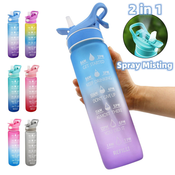 EAUGO sport water bottle with spring lid, integrated straw, misting feature, and ergonomic design for easy hydration.