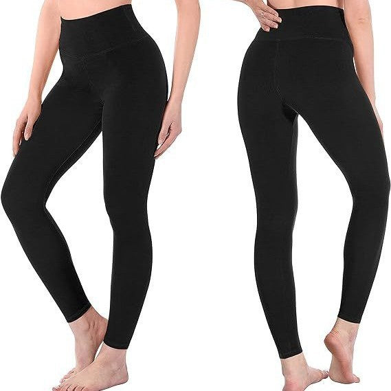 High waist black leggings for women, yoga suitable, polyester fabric.